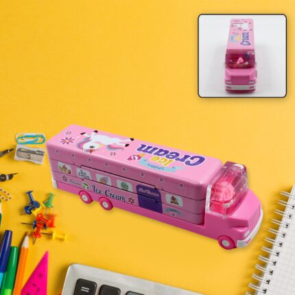 Double Decker Magic Truck Compass Multi Level Metal Truck Compass Pencil Case with Movable Wheels ener (Mix Design)