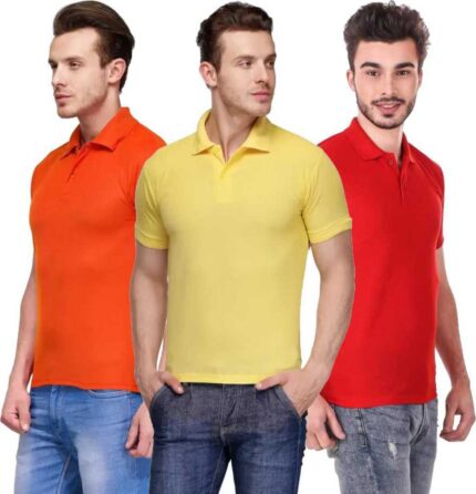Men's Polo Neck Short Sleeve Casual Tshirt Combo of Red, Orange, Yellow colors (Pack of 3)